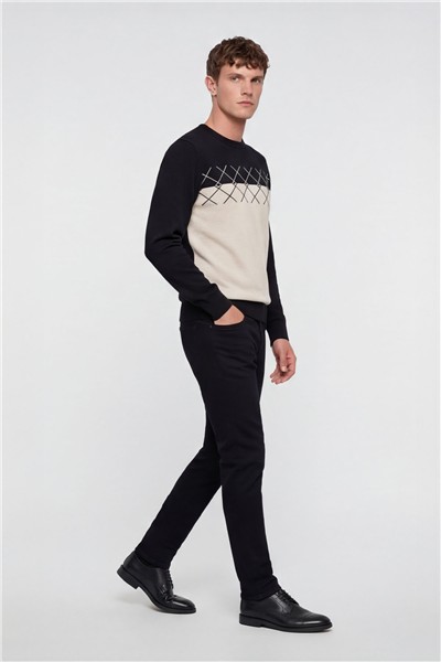 Erkek Siyah-Bej Normal Kesim Regular Fit Yünlü Dokuma Desenli Triko Kazak
