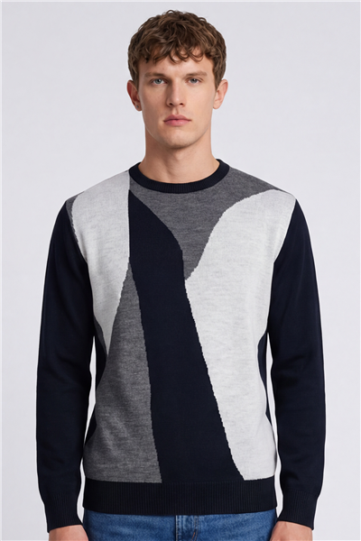 Erkek Siyah Normal Kesim Regular Fit Yünlü  Desenli Bisiklet Yaka Triko Kazak