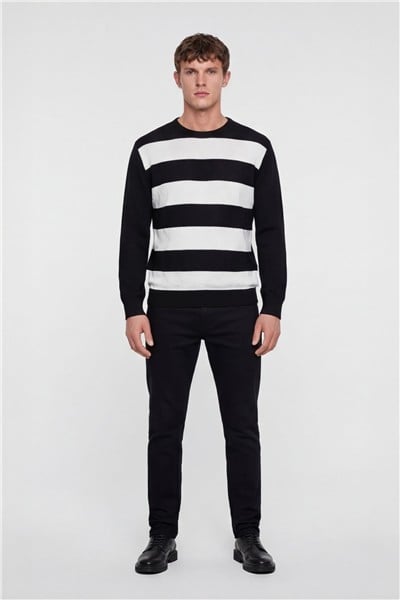 Erkek Siyah Normal Kesim Regular Fit Yünlü Bisiklet Yaka Minimal Triko Kazak