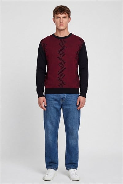 Erkek Siyah Normal Kesim Regular Fit Yünlü Desenli Bisiklet Yaka Triko Kazak 