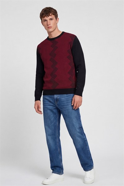 Erkek Siyah Normal Kesim Regular Fit Yünlü Desenli Bisiklet Yaka Triko Kazak 