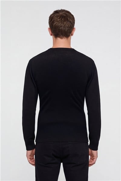 Erkek Siyah Normal Kesim Regular Fit Yünlü Bisiklet Yaka Minimal Triko Kazak