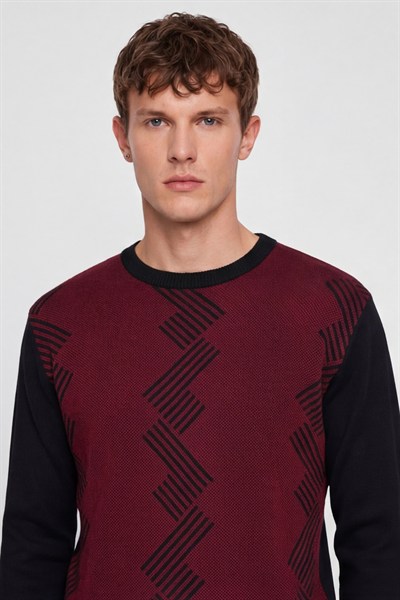 Erkek Siyah Normal Kesim Regular Fit Yünlü Desenli Bisiklet Yaka Triko Kazak 