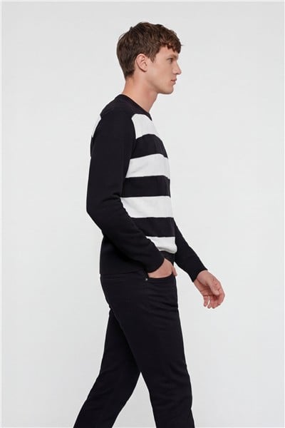 Erkek Siyah Normal Kesim Regular Fit Yünlü Bisiklet Yaka Minimal Triko Kazak