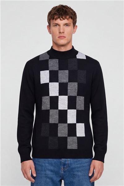 Erkek Siyah Normal Kesim Regular Fit Yünlü Dokuma Desenli Triko Kazak