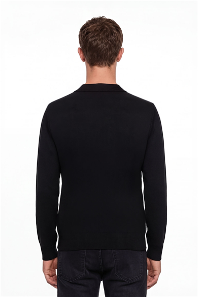 Erkek Siyah Normal Kesim Regular Fit Yünlü Desenli Bisiklet Yaka Triko Kazak