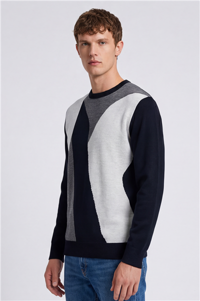 Erkek Siyah Normal Kesim Regular Fit Yünlü  Desenli Bisiklet Yaka Triko Kazak