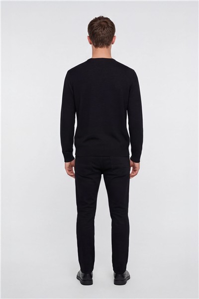 Erkek Siyah Normal Kesim Regular Fit Yünlü Bisiklet Yaka Triko Kazak 
