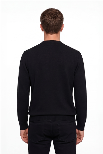 Erkek Siyah Normal Kesim Regular Fit Yünlü Dokuma Desenli Triko Kazak