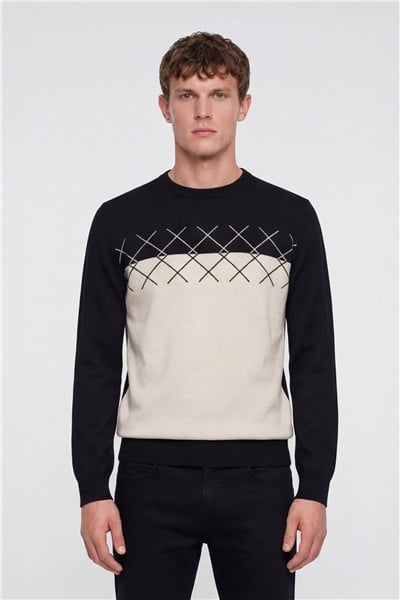 Erkek Siyah-Bej Normal Kesim Regular Fit Yünlü Dokuma Desenli Triko Kazak
