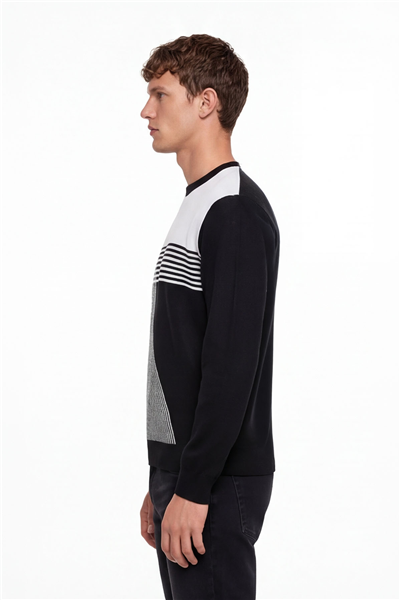 Erkek Siyah Normal Kesim Regular Fit Yünlü Desenli Bisiklet Yaka Triko Kazak