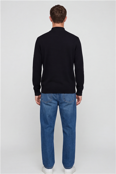 Erkek Siyah Normal Kesim Regular Fit Yünlü Dokuma Desenli Triko Kazak