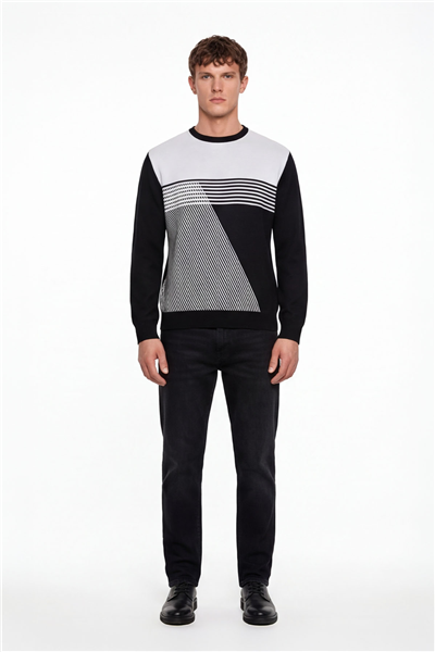 Erkek Siyah Normal Kesim Regular Fit Yünlü Desenli Bisiklet Yaka Triko Kazak