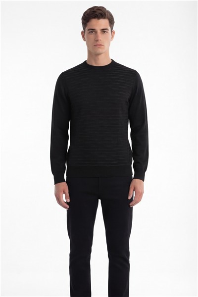 Erkek Siyah Normal Kesim Regular Fit Yünlü Standart Boy Dokuma Triko Kazak