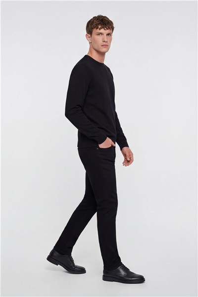 Erkek Siyah Normal Kesim Regular Fit Yünlü Bisiklet Yaka Triko Kazak 