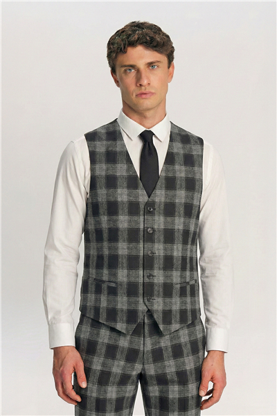 Giotelli Erkek Siyah Dar Kesim Slim Fit Viskon Dokuma Ekose Normal Bel 8 Drop Yelekli Takım Elbise