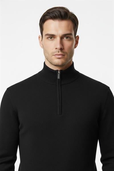 Erkek Siyah Normal Kesim Regular Fit Pamuklu Fermuarlı Yarım Balıkçı Yaka Triko Kazak