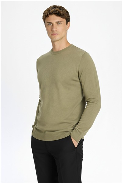 Standart Fit Açık Haki Yün Karışımlı Bisiklet Yaka Düz Desen Uzun Kol Triko Kazak
