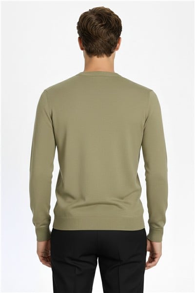 Standart Fit Açık Haki Yün Karışımlı Bisiklet Yaka Düz Desen Uzun Kol Triko Kazak