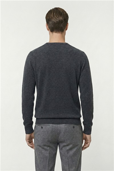 Antrasit Standart Fit Yün Karışımlı Bisiklet Yaka Düz Erkek Triko Kazak