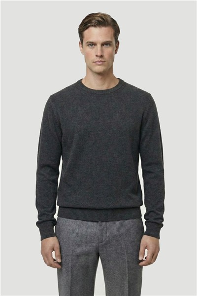 Antrasit Standart Fit Yün Karışımlı Bisiklet Yaka Düz Erkek Triko Kazak