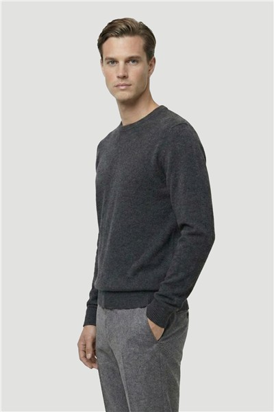 Antrasit Standart Fit Yün Karışımlı Bisiklet Yaka Düz Erkek Triko Kazak