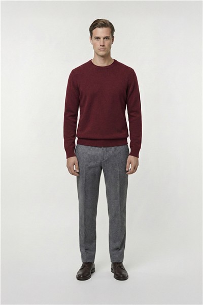 Bordo Standart Fit Yün Karışımlı Bisiklet Yaka Düz Erkek Triko Kazak