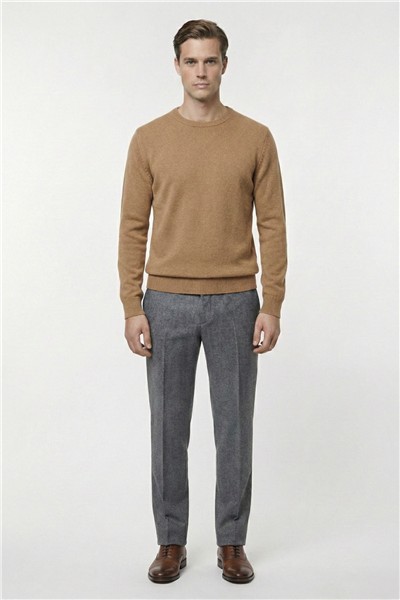Camel Standart Fit Yün Karışımlı Bisiklet Yaka Düz Erkek Triko Kazak