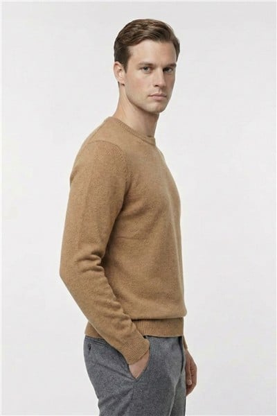 Camel Standart Fit Yün Karışımlı Bisiklet Yaka Düz Erkek Triko Kazak
