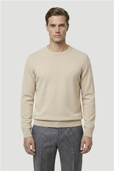 Ekru Standart Fit Yün Karışımlı Bisiklet Yaka Düz Erkek Triko Kazak