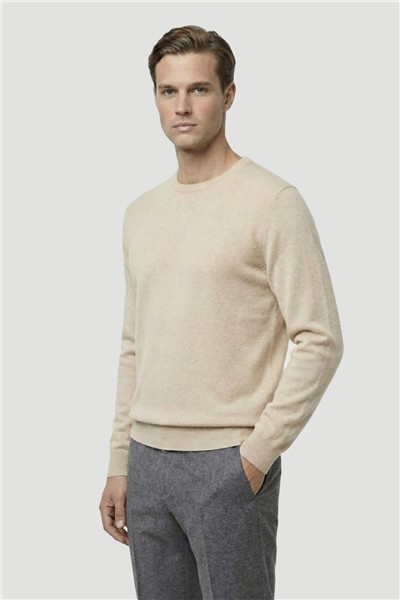 Ekru Standart Fit Yün Karışımlı Bisiklet Yaka Düz Erkek Triko Kazak