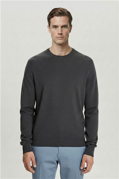 Gri Standart Fit Yün Karışımlı Bisiklet Yaka Triko Erkek Kazak