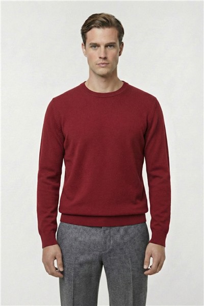 Kırmızı Standart Fit Yün Karışımlı Bisiklet Yaka Düz Erkek Triko Kazak