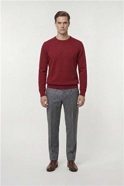 Kırmızı Standart Fit Yün Karışımlı Bisiklet Yaka Düz Erkek Triko Kazak