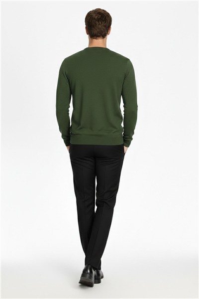 Standart Fit Koyu Yeşil Yün Karışımlı Bisiklet Yaka Düz Desen Uzun Kol Triko Kazak