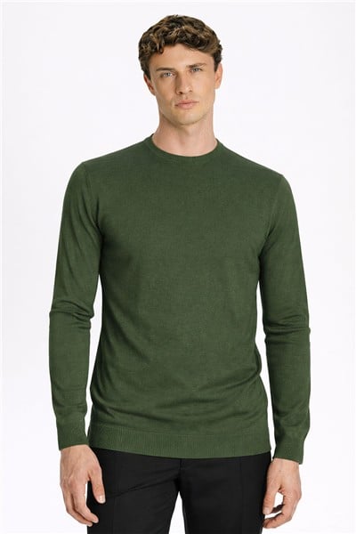 Standart Fit Koyu Yeşil Yün Karışımlı Bisiklet Yaka Düz Desen Uzun Kol Triko Kazak