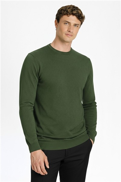 Standart Fit Koyu Yeşil Yün Karışımlı Bisiklet Yaka Düz Desen Uzun Kol Triko Kazak