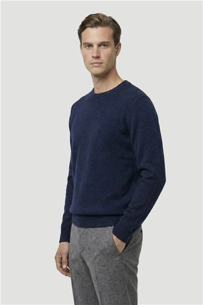 Lacivert Standart Fit Yün Karışımlı Bisiklet Yaka Düz Erkek Triko Kazak