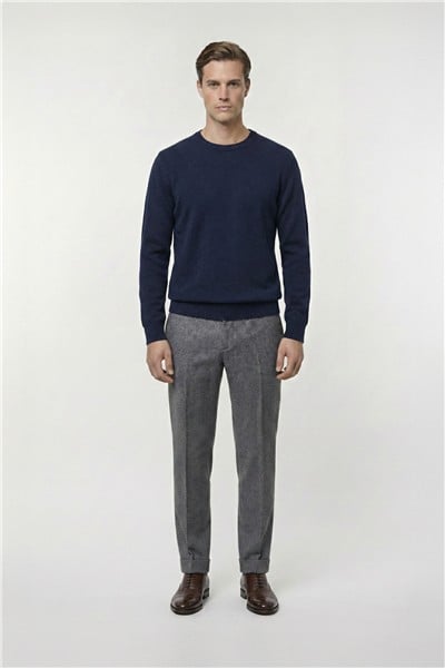 Lacivert Standart Fit Yün Karışımlı Bisiklet Yaka Düz Erkek Triko Kazak