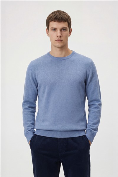 Açık Mavi Standart Fit Yün Karışımlı Bisiklet Yaka Düz Erkek Triko Kazak
