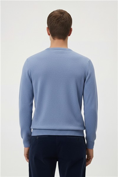 Açık Mavi Standart Fit Yün Karışımlı Bisiklet Yaka Düz Erkek Triko Kazak