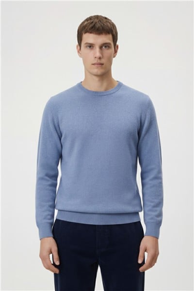 Açık Mavi Standart Fit Yün Karışımlı Bisiklet Yaka Düz Erkek Triko Kazak