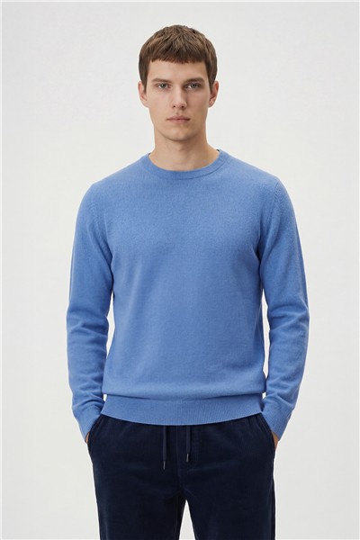 Mavi Standart Fit Yün Karışımlı Bisiklet Yaka Düz Erkek Triko Kazak