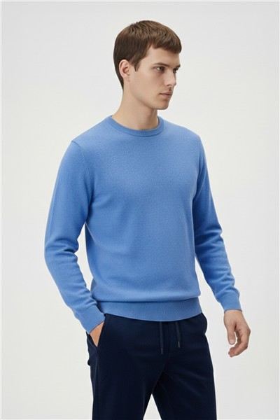 Mavi Standart Fit Yün Karışımlı Bisiklet Yaka Düz Erkek Triko Kazak