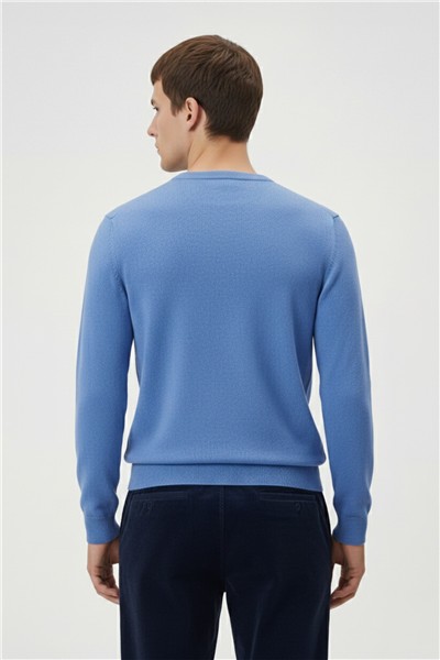 Mavi Standart Fit Yün Karışımlı Bisiklet Yaka Düz Erkek Triko Kazak