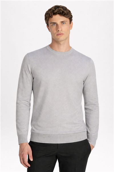 Standart Fit Orta Gri Yün Karışımlı Bisiklet Yaka Düz Desen Triko Kazak