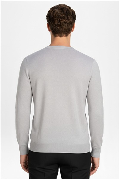 Standart Fit Orta Gri Yün Karışımlı Bisiklet Yaka Düz Desen Triko Kazak