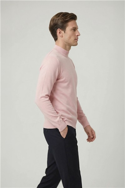 Standart Fit Pudra Yün Karışımlı Yarım Balıkçı Yaka Düz Desen Triko Kazak