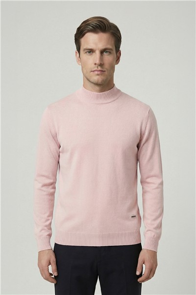Standart Fit Pudra Yün Karışımlı Yarım Balıkçı Yaka Düz Desen Triko Kazak