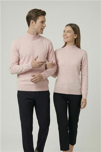 Standart Fit Pudra Yün Karışımlı Yarım Balıkçı Yaka Düz Desen Triko Kazak